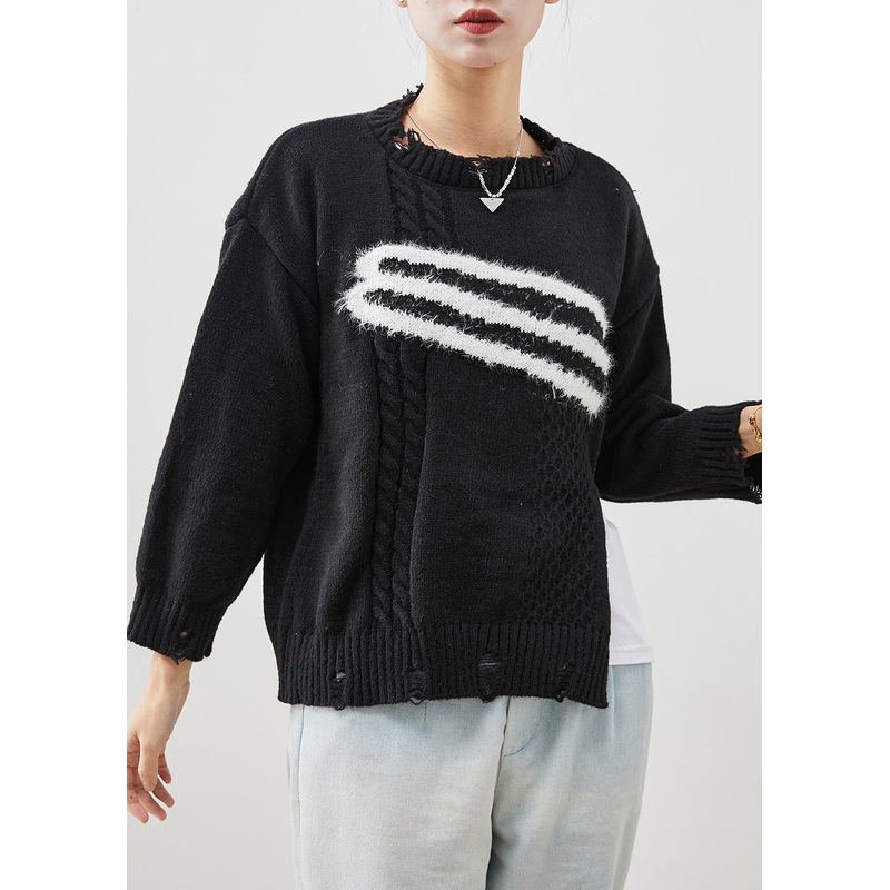 Casual Black Side Open Knit Ripped Sweaters Winter