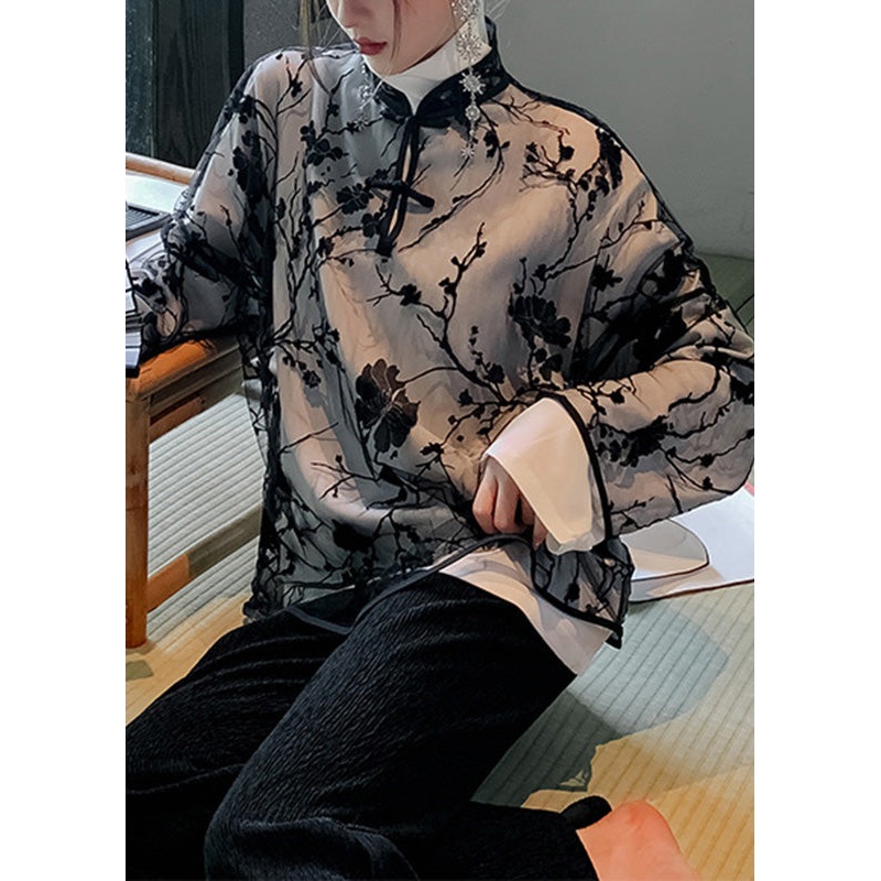 Chic Black Stand Collar Embroideried Button Tulle Shirts Long Sleeve