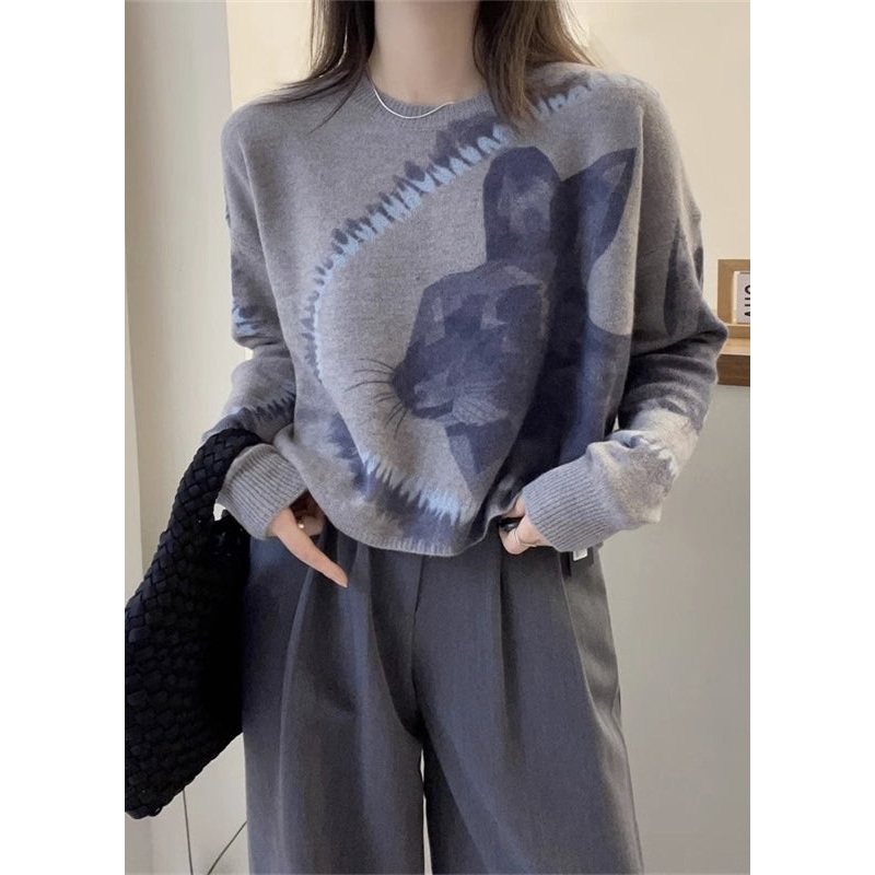 Chic Grey O Neck Animal Print Thick Woolen Sweaters Fall