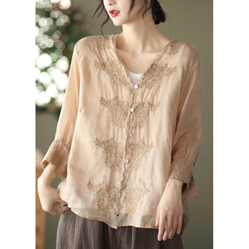 Chic Khaki V Neck Embroidered Linen Shirt Long Sleeve