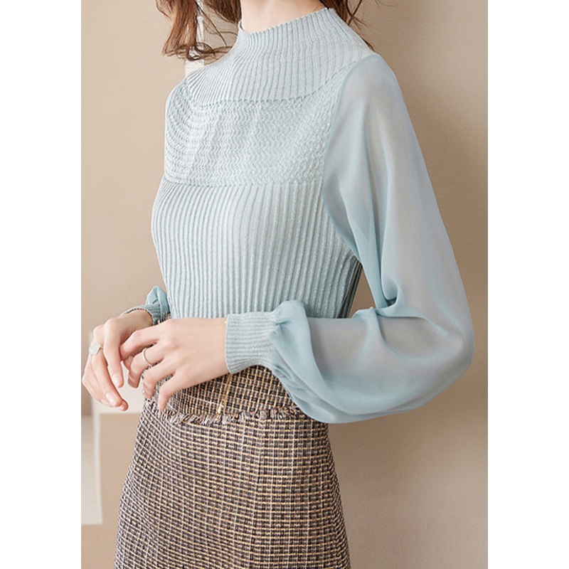 Chic Light Green Half Turtleneck Tulle Patchwork Woolen Sweaters Lantern Sleeve