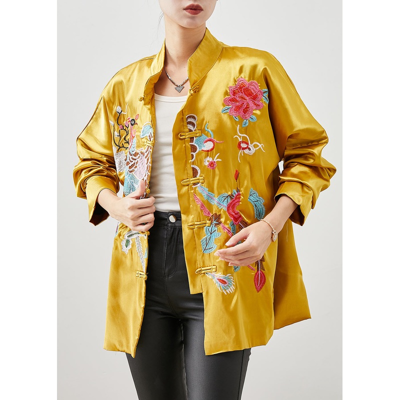 Chinese Style Yellow Embroideried Silk Jackets Spring