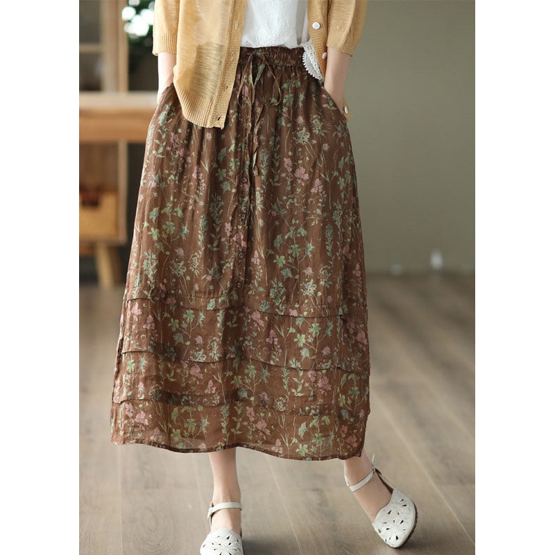 Chocolate Print Linen Skirt Wrinkled Pockets Tie Waist Summer