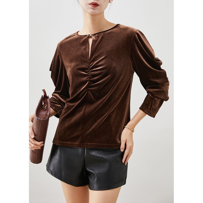 Chocolate Silk Velour Blouses Wrinkled Puff Sleeve