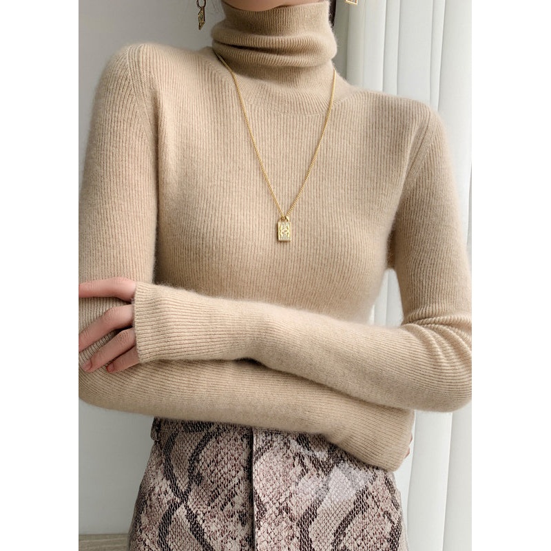 Classy Apricot Hign Neck Cozy Cashmere Sweater Tops Fall