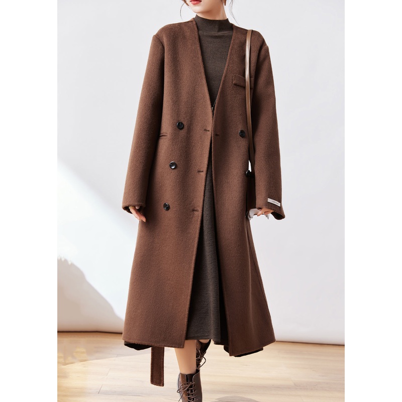 Classy Coffee Pockets Tie Waist Woolen Coats Winter
