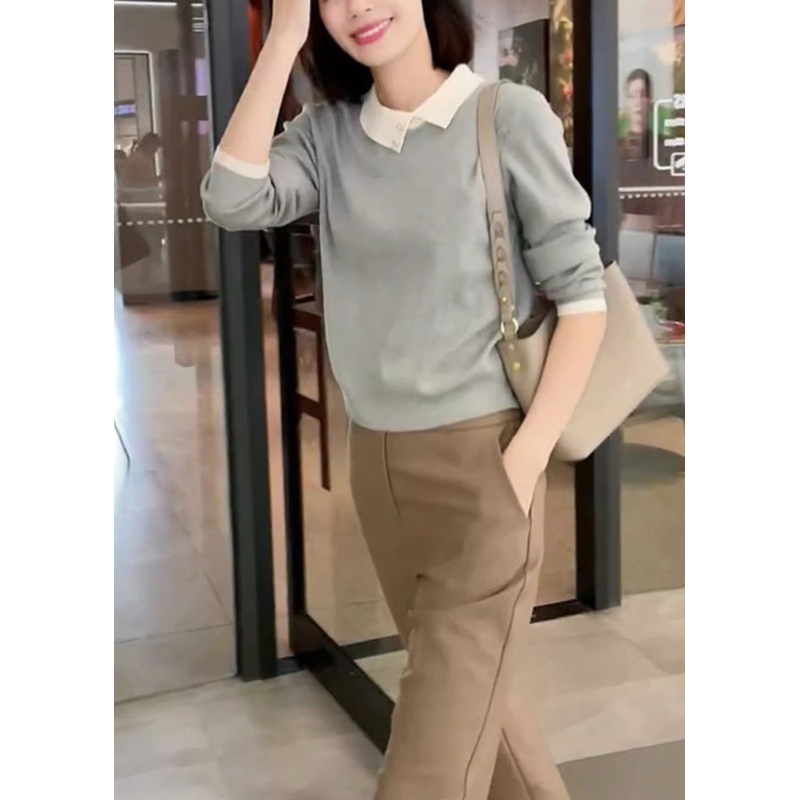 Classy Grey Asymmetrical Peter Pan Collar Versatile Knitted Tops Fall