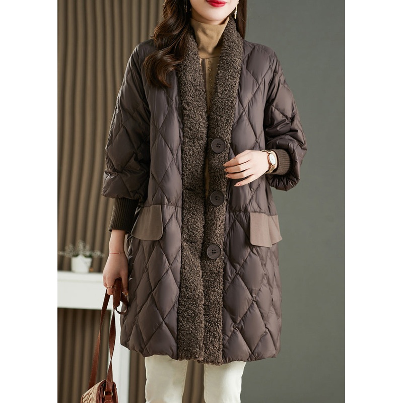Coffee Button Patchwork Duck Down Parkaer V Neck Long Sleeve