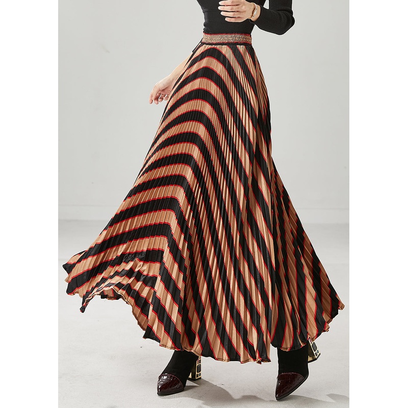Elegant Coffee High Waist Striped Spandex Pleated Skirts Spring