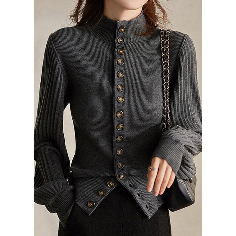 Elegant Grey Stand Collar Button Knit Top Lantern Sleeve