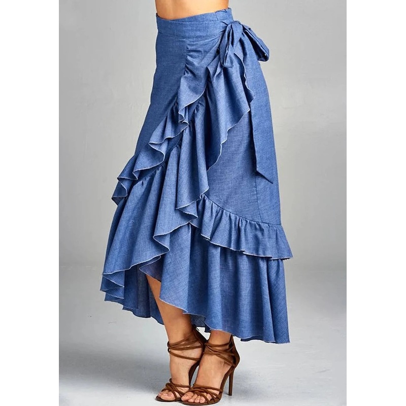 Elegant Plain High Waist Lace-Up Asymmetrical Ruffle Midi Skirt