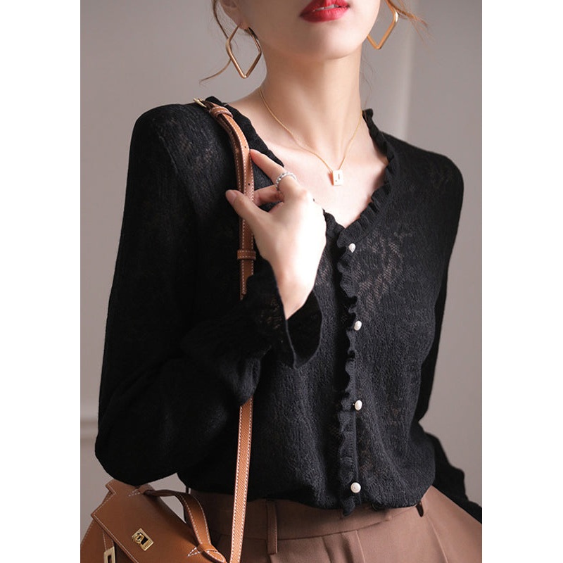 Fashion Black V Neck Ruffled Hollow Out Lace Knit Top Flare Sleeve