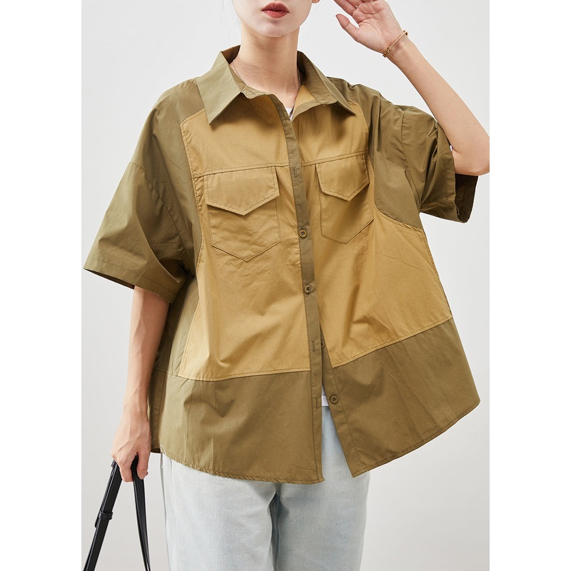 Fashion Colorblock Oversized Patchwork Cotton Shirt Tops Short Sleeve