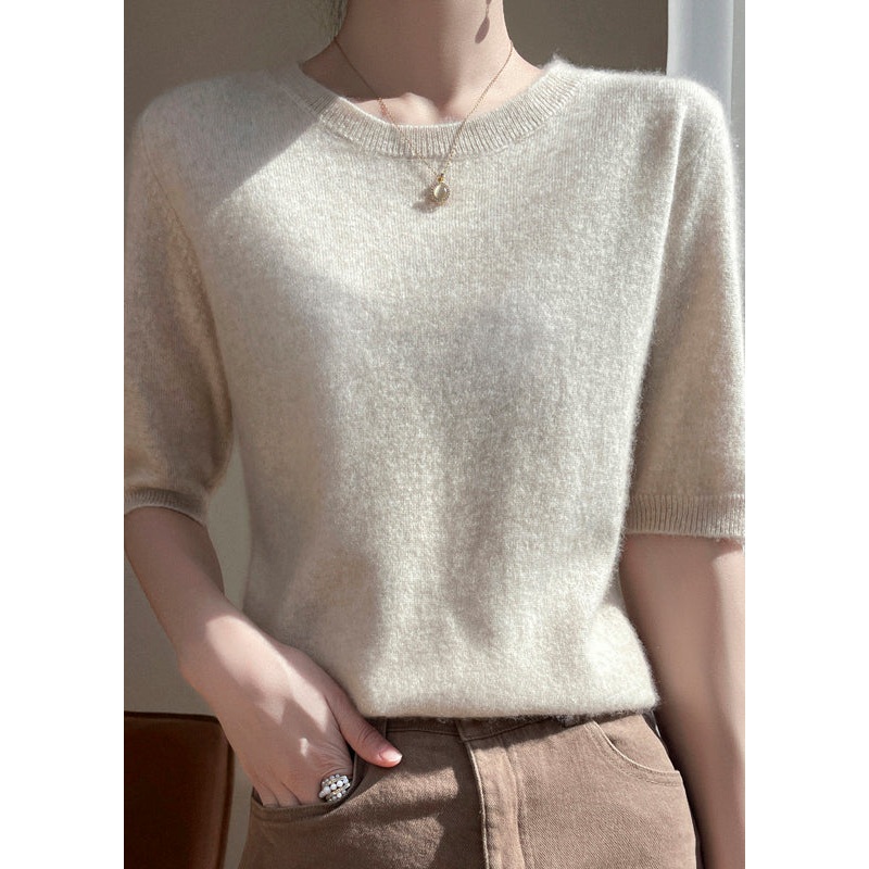 French Apricot O Neck Warm Cashmere Sweater Tops Half Sleeve