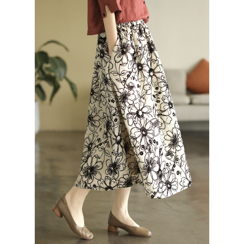 French Beige Embroideried Exra Large Hem Pockets Linen Skirts Summer