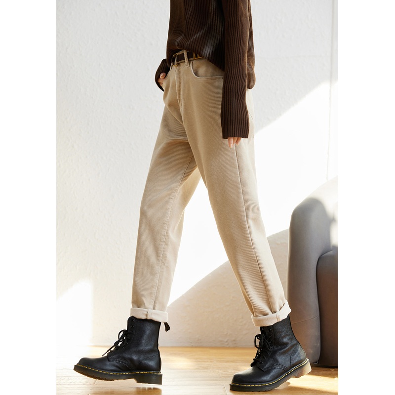 French Beige Pockets High Waist Fleece Pants Winter