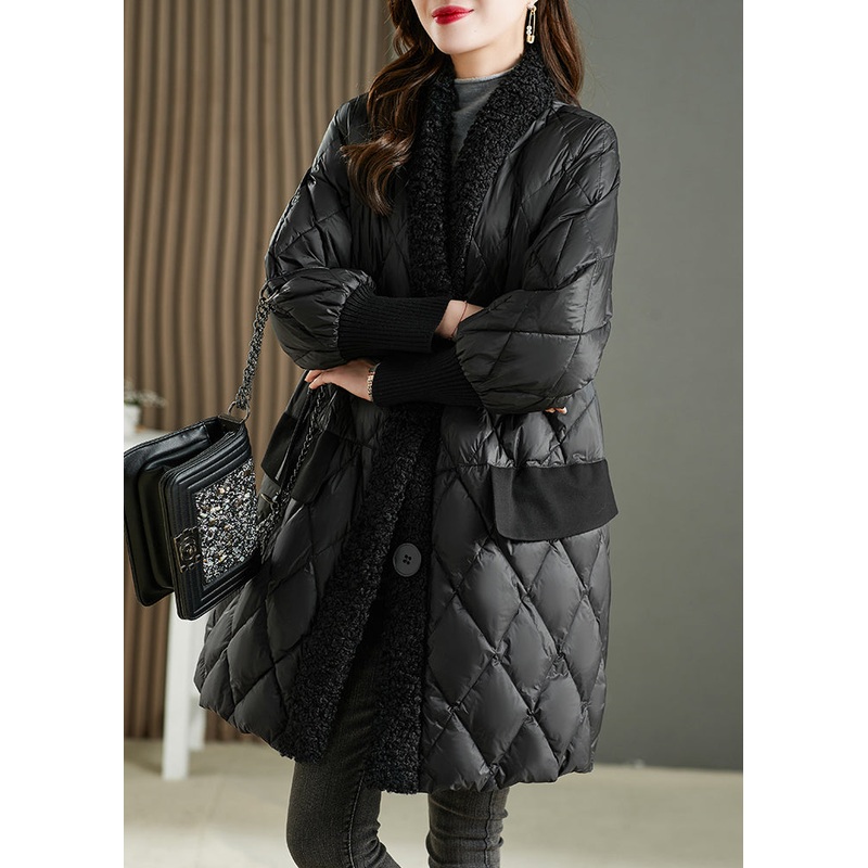 French Black PocketsTeddy Faux Fur Patchwork Duck Down Parka Winter