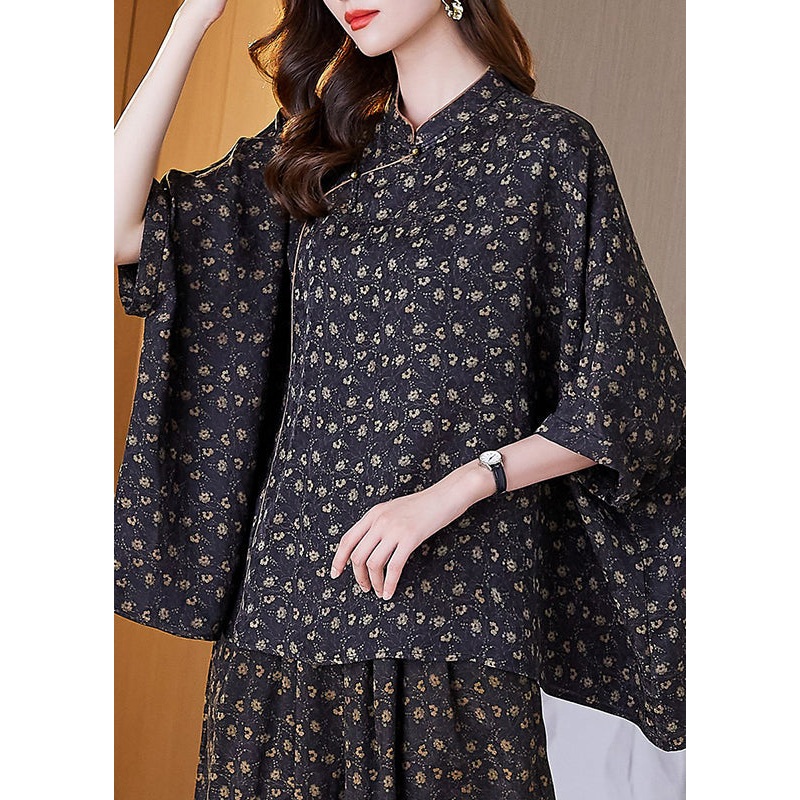 French Black Stand Collar Print Silk Shirt Top Batwing Sleeve