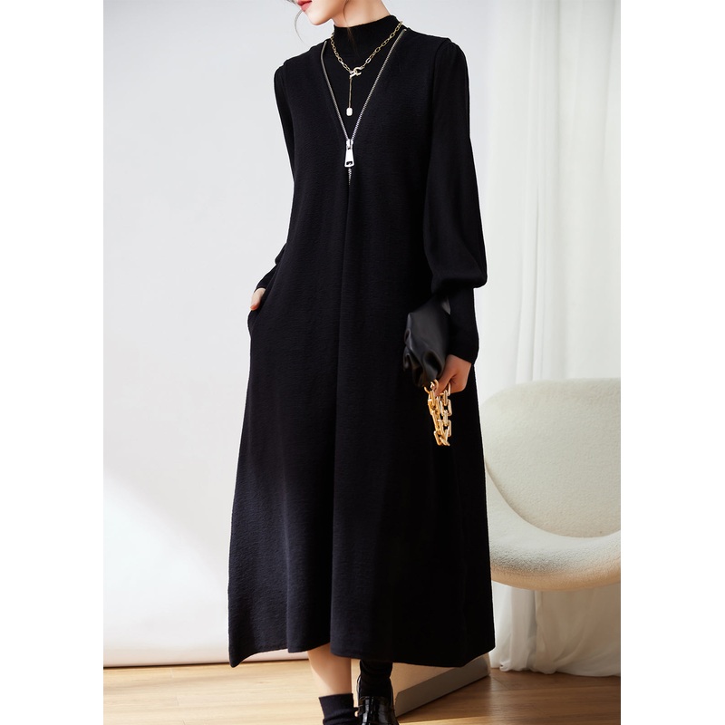 French Black Zippered Waistcoat Dresses And Top Knit Two-Piece Set Winter