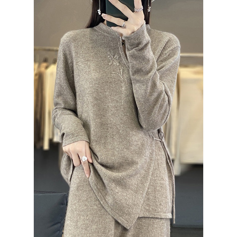 French Camel Button Lace Up Patchwork Wool Top Fall