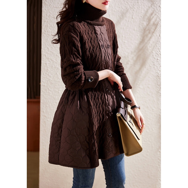 French Coffee Turtleneck Drawstring Patchwork Thick Cotton Knit Top Winter