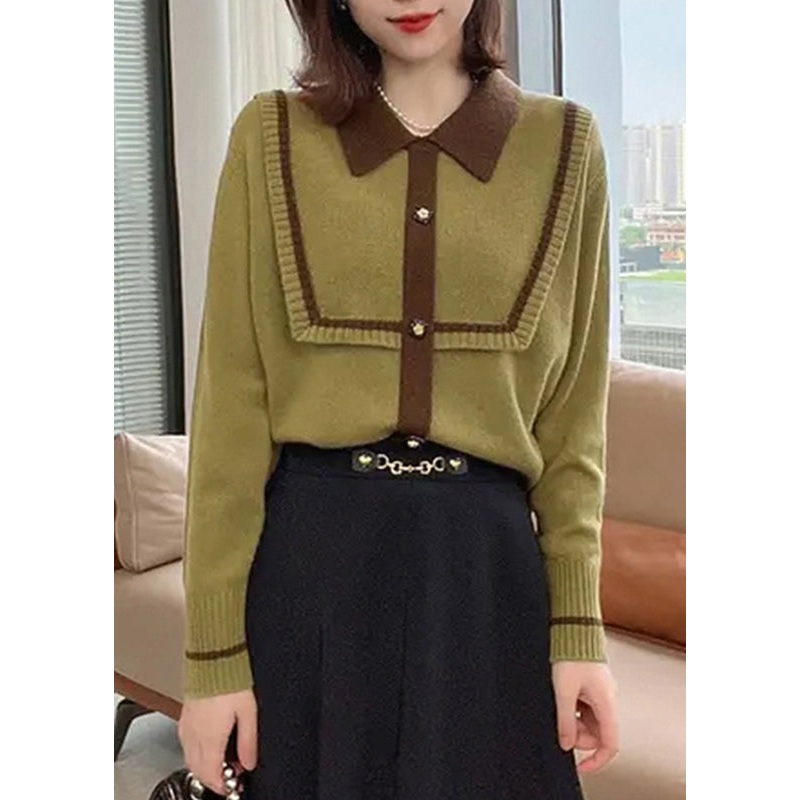 French Green Peter Pan Collar Patchwork Women Knitted Tops Fall
