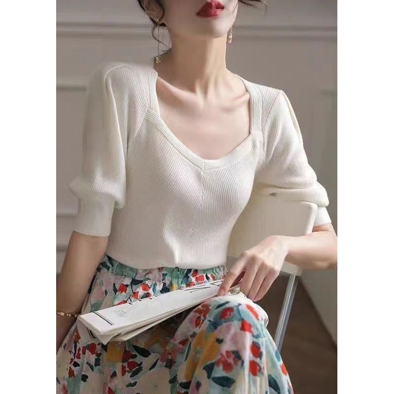 French Versatile White Square Collar Ice Silk Knit Pullover Fall