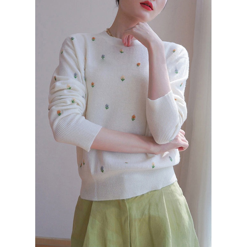 French White O Neck Embroideried Knit Sweater Fall
