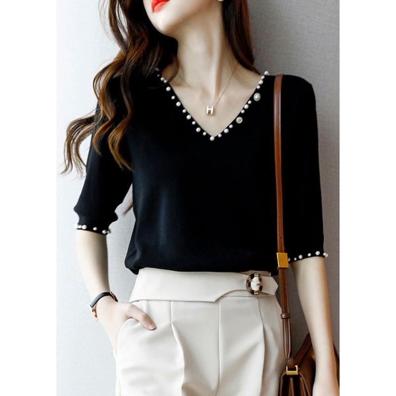 Handmade Black V Neck Nail Bead Knit Sweater Tops Half Sleeve
