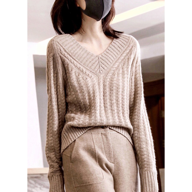Italian Khaki V Neck Loose Woolen Cable Knit Sweaters Fall