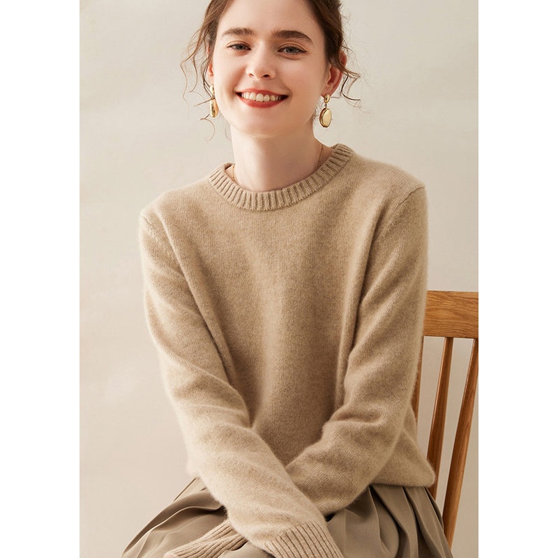 Italian Light Camel O Neck Thick Cashmere Sweater Fall