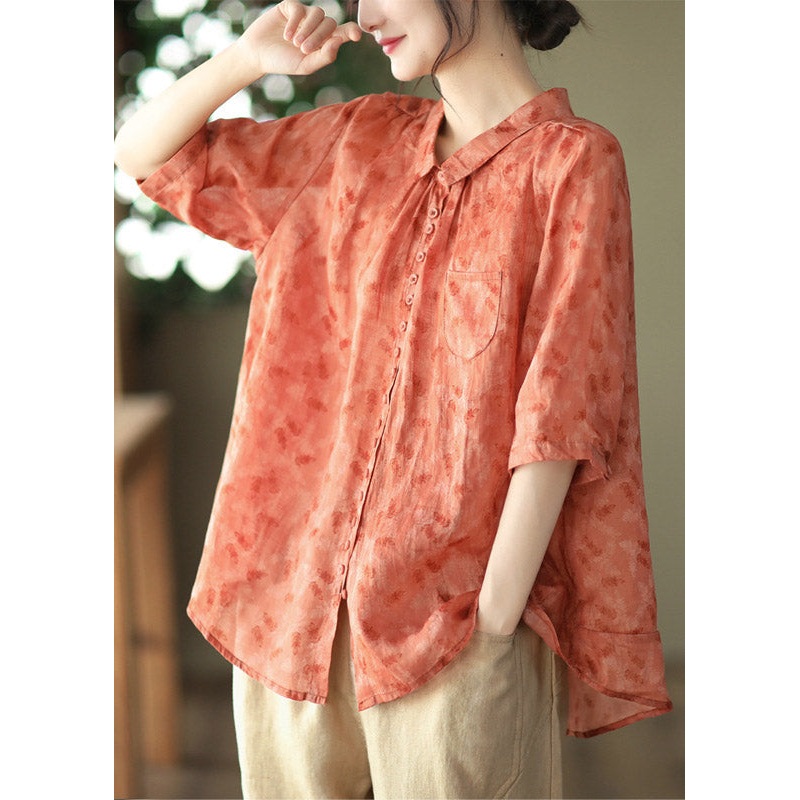 Italian Orange Peter Pan Collar Print Button Linen Shirt Half Sleeve