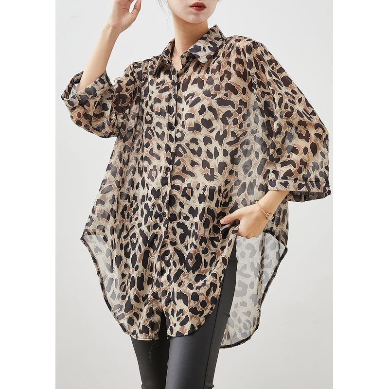 Italian Oversized Leopard Print Chiffon Blouse Top Bracelet Sleeve