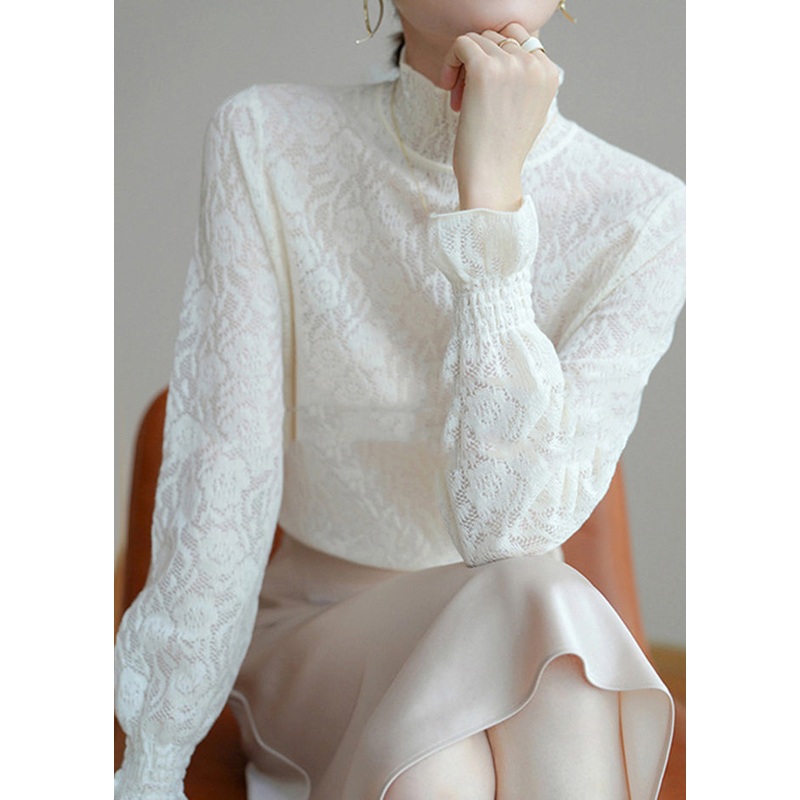 Italian White Hign Neck Ruffled Jacquard Cashmere Sweater Fall