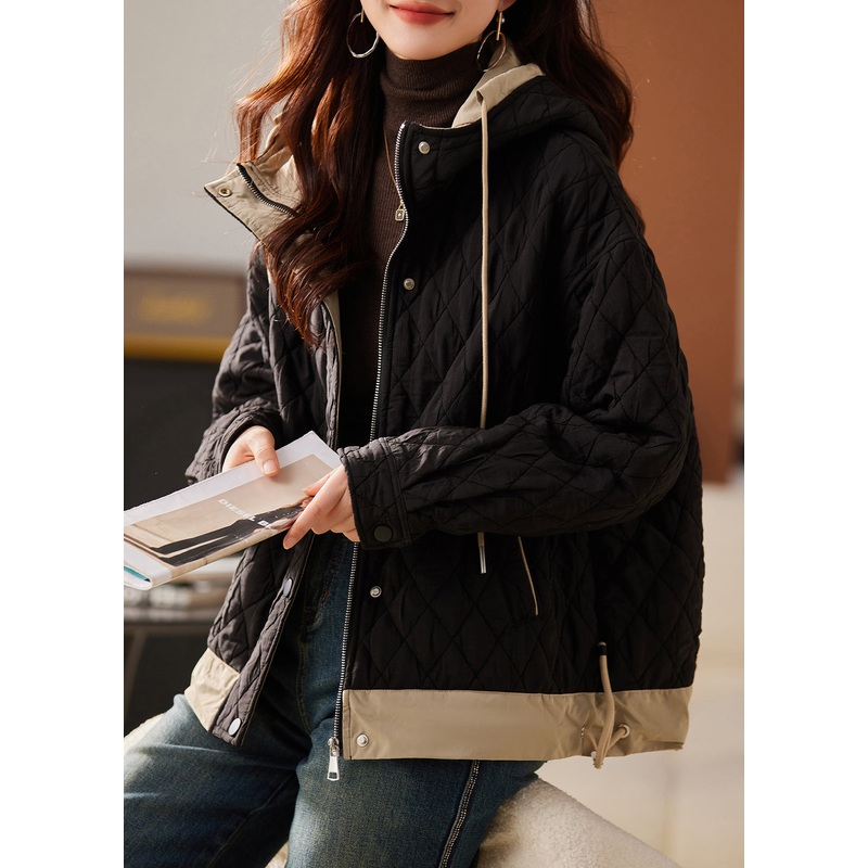 Loose Black Hooded Zippered Pockets Cotton Filled Coats Winter