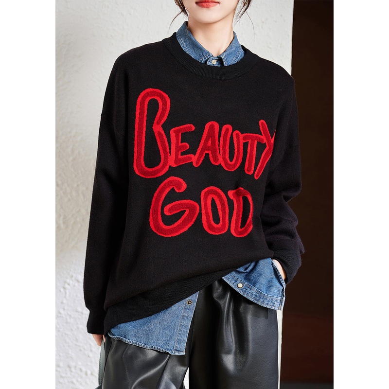 Loose Black Letter Patchwork Cozy Knitting Cotton Top Winter