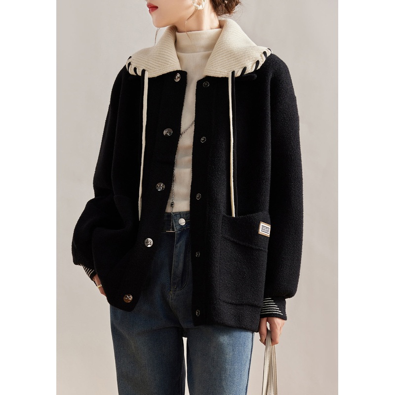 Loose Black Peter Pan Collar Button Pockets Woolen Coats Long Sleeve
