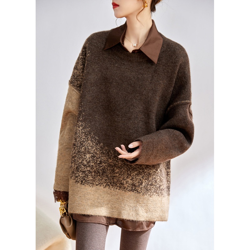 Loose Coffee O Neck Patchwork Cozy Cotton Knit Top Winter