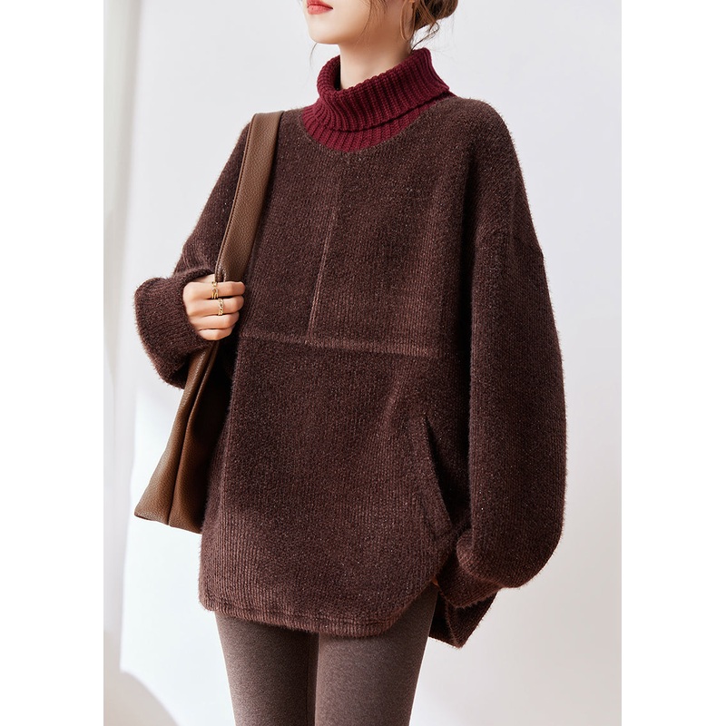 Loose Coffee Turtleneck Pockets Thick Cotton Knit Sweaters Winter