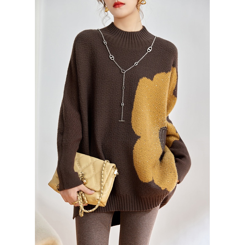 Loose Coffee Turtleneck Zircon Cotton Knit Sweater Long Sleeve