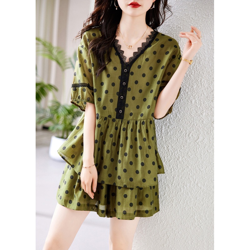 Loose Green V Neck Dot Wrinkled Cotton Two Pieces Set Summer