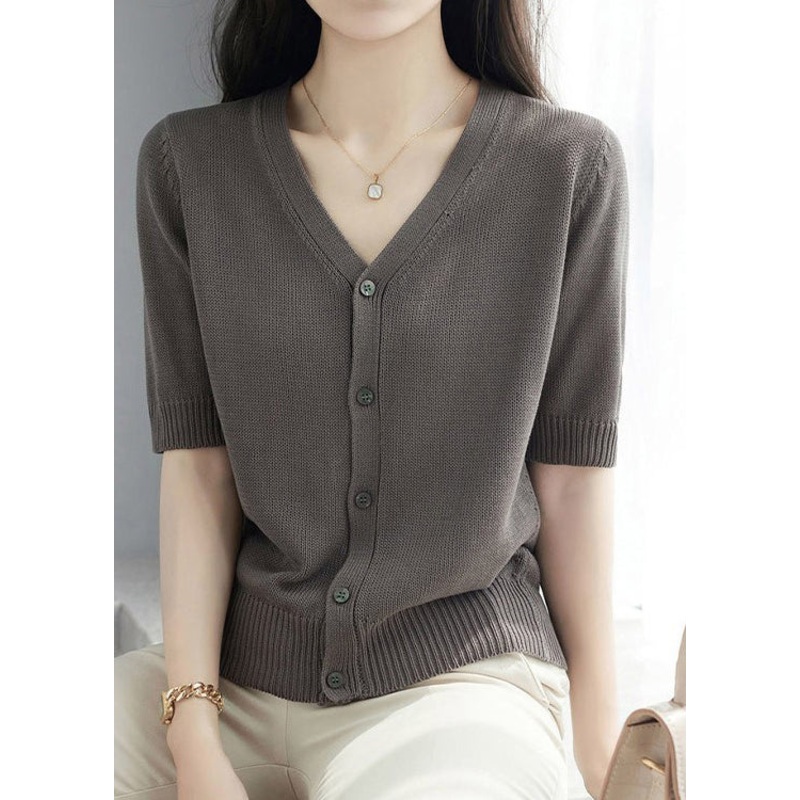 Loose Grey Coffee V Neck Button Ice Silk Knit Shirts Short Sleeve