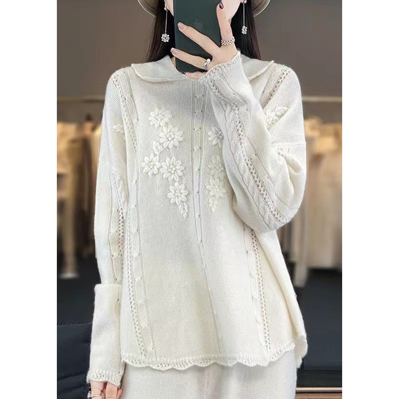 Loose White Hollow Out Patchwork Cozy Wool Sweaters Fall