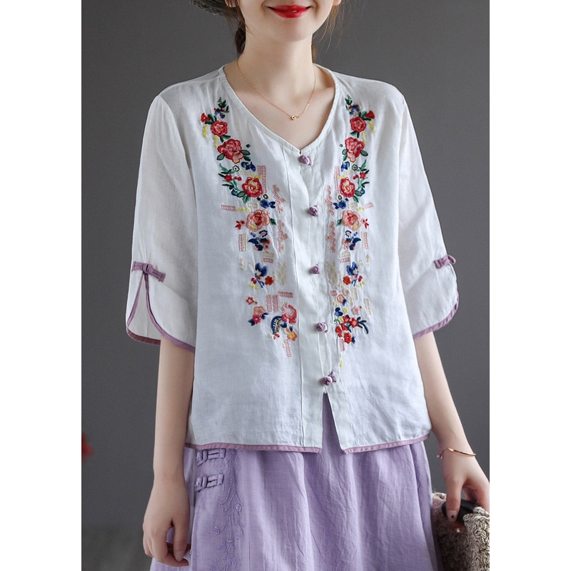 Modern White V Neck Embroideried Floral Button Linen Shirt Half Sleeve