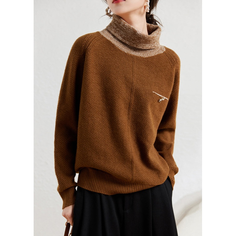 New Coffee Turtleneck Patchwork Cozy Cotton Knit Sweaters Winter