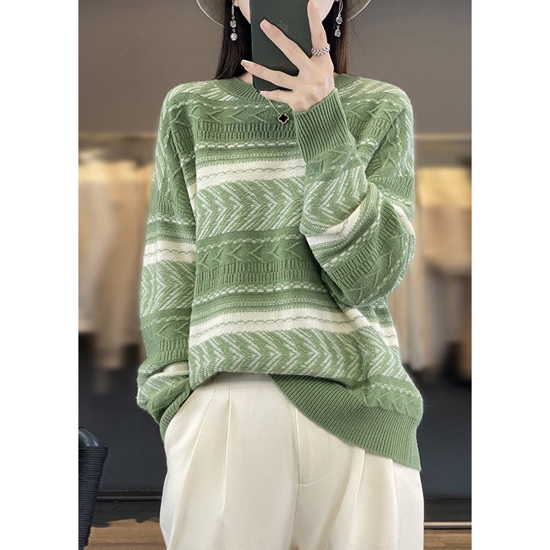 New Green O Neck Patchwork Cozy Wool Sweaters Fall