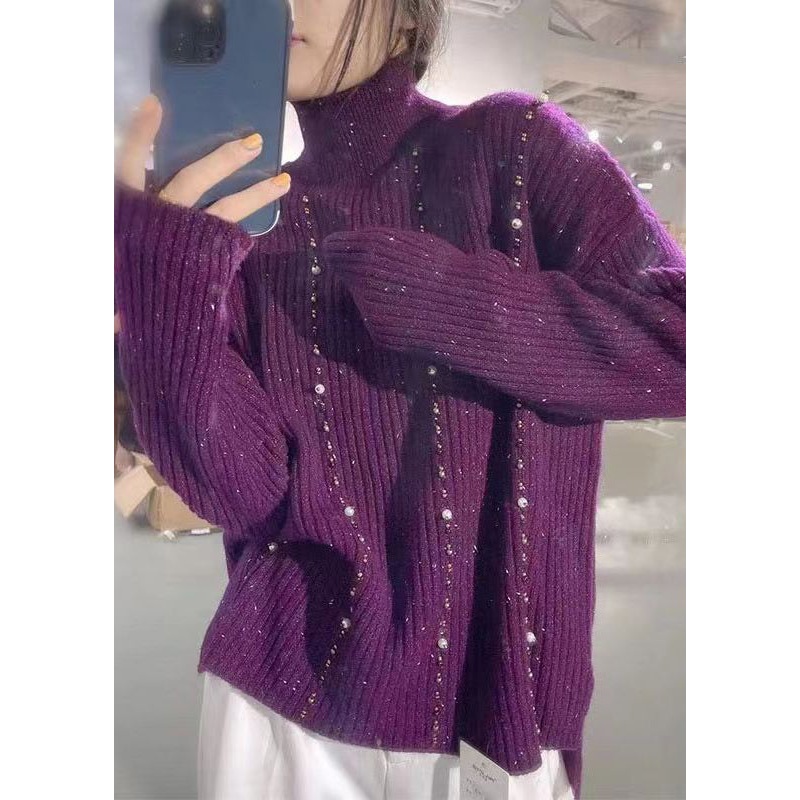 New Purple Turtleneck Nail Bead Patchwork Knit Sweaters Long Sleeve