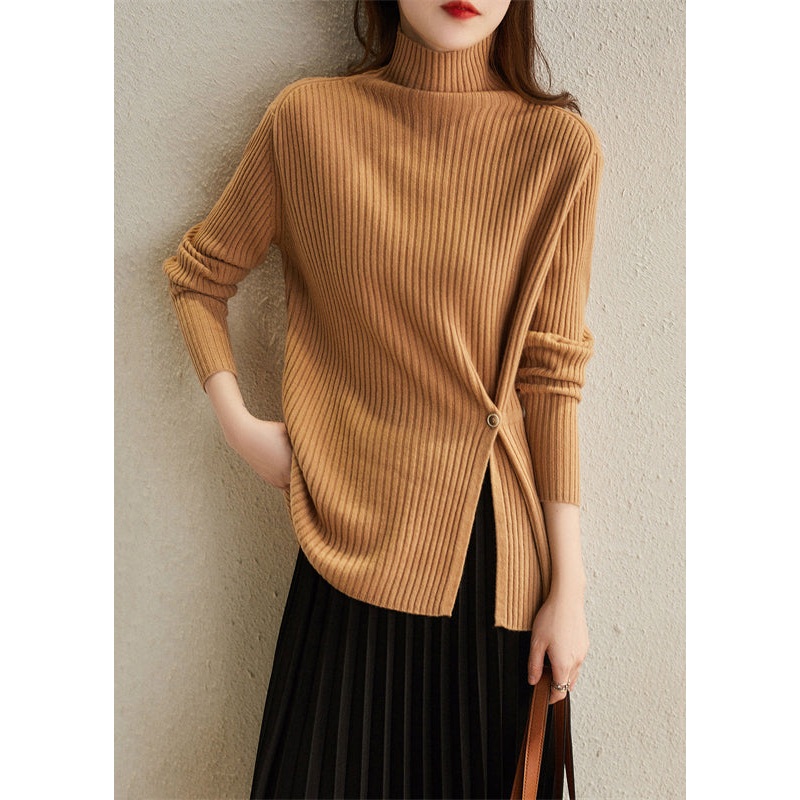 Original Design Khaki Hign Neck Thick Woolen Knit Pullover Winter