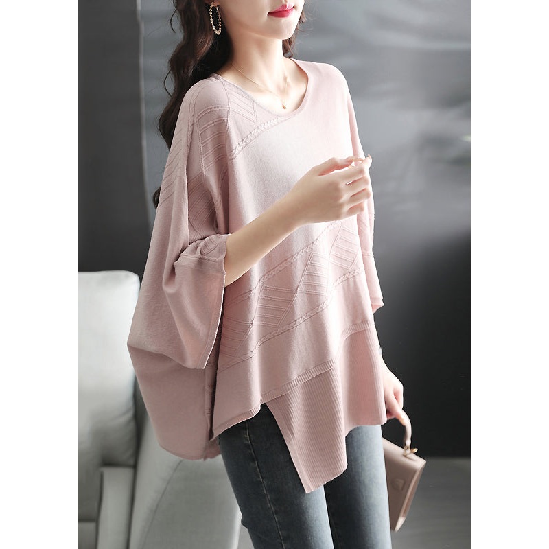 Oversized Pink O Neck Asymmetrical Thin Knit Sweater Batwing Sleeve