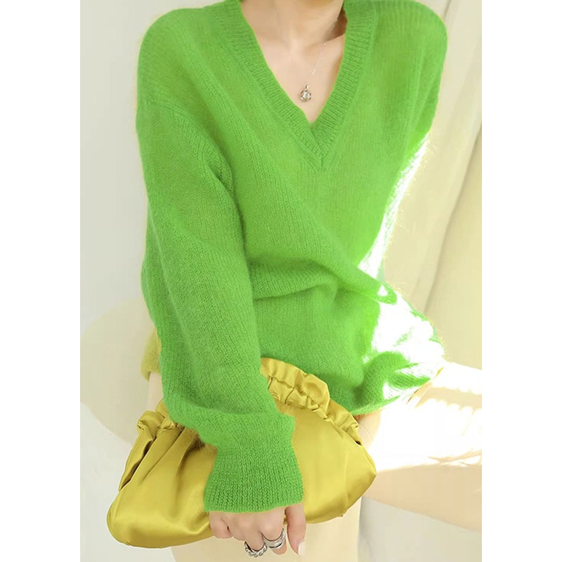 Oversized Simple Green V Neck Cozy Knit Sweaters Fall